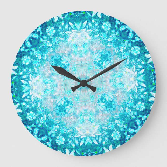Reloj Redondo Grande Patrón floral azul turquesa Aqua (Anverso)