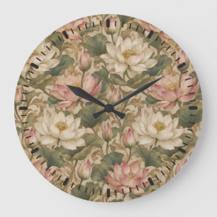 Reloj Redondo Grande Patrón floral botánico de loto de agua vintage