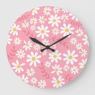 Reloj Redondo Grande Patrón floral continuo de margaritas rosadas y bla
