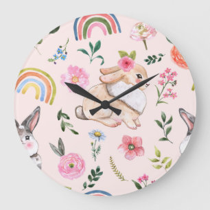 Reloj Redondo Grande Patrón floral de Conejos Cubiertos de Pascua