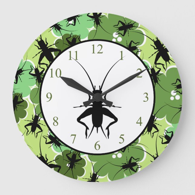 Reloj Redondo Grande Patrón floral de críquet verde y negro (Anverso)