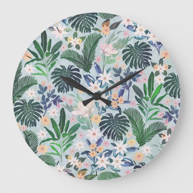 Reloj Redondo Grande Patrón floral de follaje tropical (Anverso)