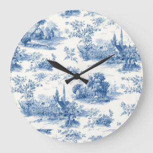 Reloj Redondo Grande Patrón floral de toile de Jouy azul vintage francé
