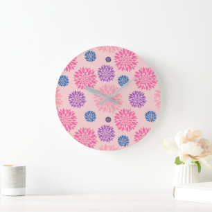 Reloj Redondo Grande Patrón floral decorativo rosa, púrpura y azul