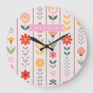Reloj Redondo Grande Patrón floral escandinavo folklórico personalizado