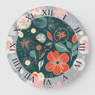 Reloj Redondo Grande Patrón floral retro Botánica moderna de mediados