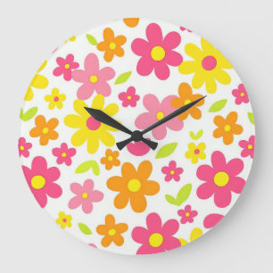 Reloj Redondo Grande Patrón floral retro brillante de verano en rosa y 