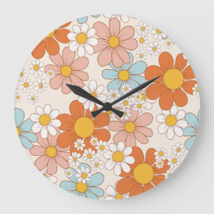 Reloj Redondo Grande Patrón Floral Retro Groovy Sin Costuras de Margari