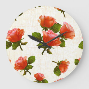 Reloj Redondo Grande patrón floral Rosa, fondo vintage.