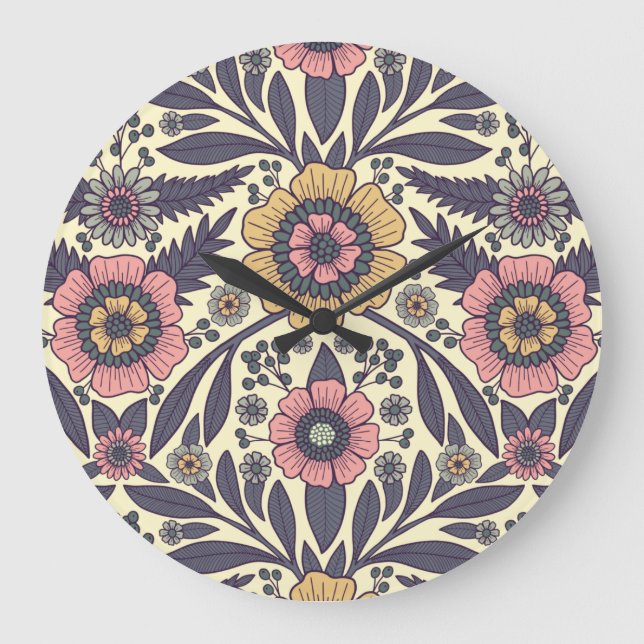 Reloj Redondo Grande Patrón floral rosa y azul sin problemas (Anverso)