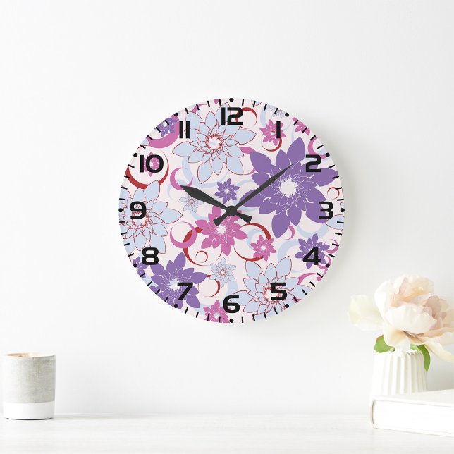 Reloj Redondo Grande Patrón floral vibrante Flores azul rosado púrpura (Subido por el creador)