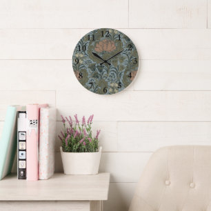 Reloj Redondo Grande Patrón Floral Victoriano Antiguo Terracota Sábila