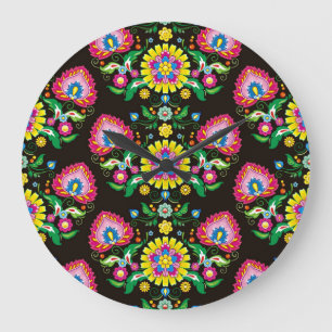 Reloj Redondo Grande Patrón folclórico: azulejos retro coloridos