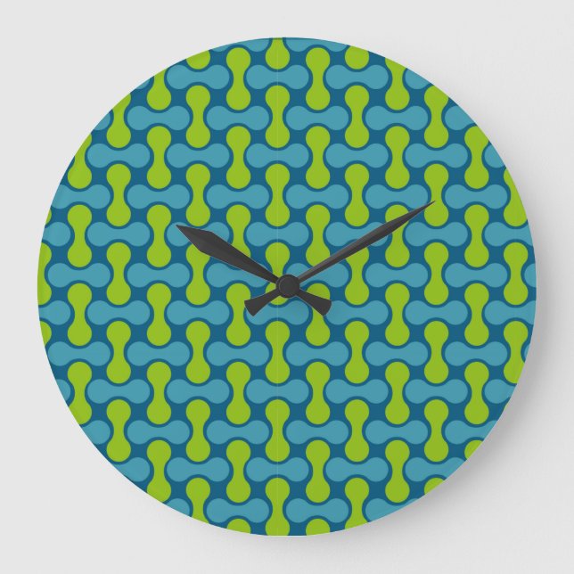 Reloj Redondo Grande Patrón geométrico abstracto retro en azul y verde (Anverso)