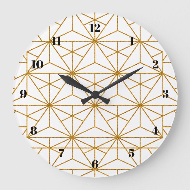 Reloj Redondo Grande Patrón geométrico de arte deco blanco y dorado (Anverso)