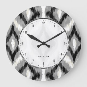 Reloj Redondo Grande Patrón Geométrico De Ikat De Color Blanco Negro Y