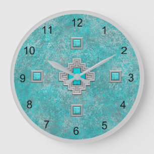 Reloj Redondo Grande Patrón geométrico de roca turquesa del suroeste