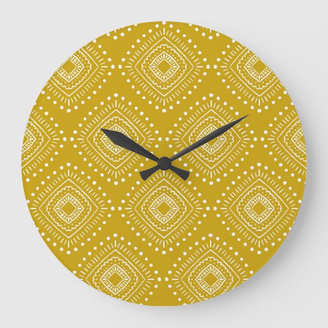 Reloj Redondo Grande Patrón geométrico étnico: amarillo dorado, blanco (Anverso)