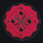 Reloj Redondo Grande Patrón geométrico rojo del Art Deco chino<br><div class="desc">Art Deco,  estilizado,  negro sobre un patrón geométrico rojo chino sobre un fondo negro,  en formas apiladas,  de apariencia 3-d con bordes faceteados - arte digital</div>
