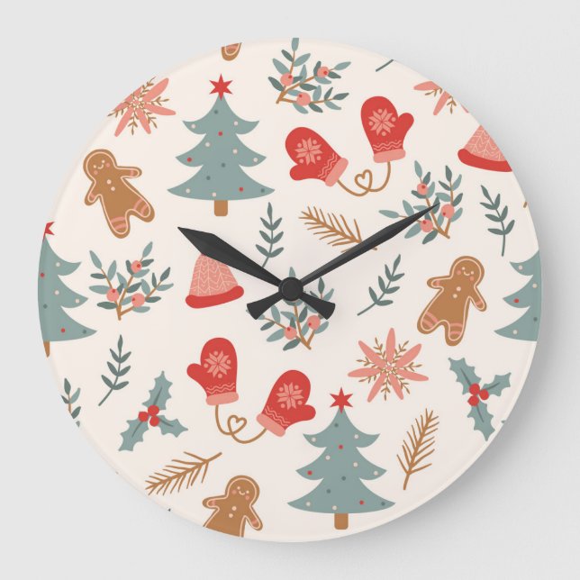 Reloj Redondo Grande Patrón Gingerbread Navidades Retro. (Anverso)
