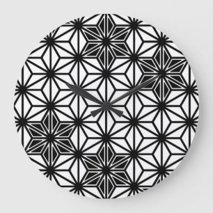 Reloj Redondo Grande Patrón japonés de Asanoha - blanco y negro