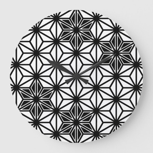 Reloj Redondo Grande Patrón japonés de Asanoha - blanco y negro (Anverso)