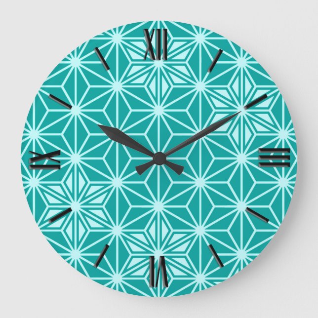 Reloj Redondo Grande Patrón japonés de Asanoha - turquesa (Anverso)