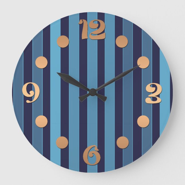 Reloj Redondo Grande Patrón liso rayado azul retro (Anverso)