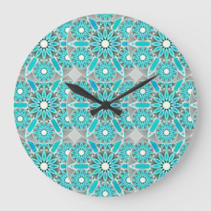 Reloj Redondo Grande Patrón Mandala, turquesa, gris plateado y blanco