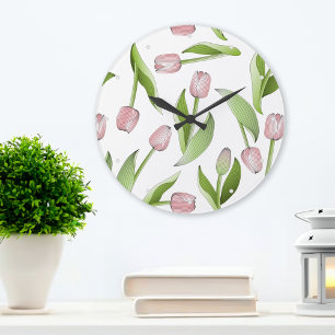 Reloj Redondo Grande Patrón moderno de flor tulipán rosado