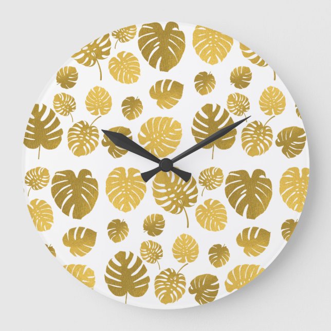 Reloj Redondo Grande Patrón moderno de hojas tropicales monstera dorada (Anverso)