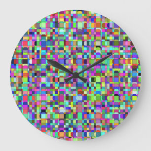 Reloj Redondo Grande Patrón multicolor de formas de cuadrados abstracto