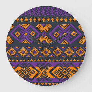 Reloj Redondo Grande patrón naranja, violeta, tribal geométrico sin cos