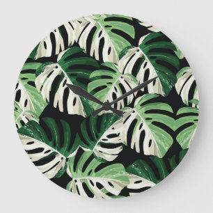 Reloj Redondo Grande Patrón negro exótico de hojas de monstera