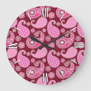 Reloj Redondo Grande Patrón paisley, borgoña, rosa y blanco