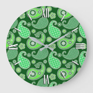 Reloj Redondo Grande Patrón Paisley, Esmeralda y Verde Jade