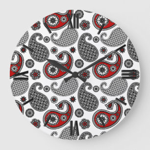 Reloj Redondo Grande Patrón paisley, negro, blanco y rojo