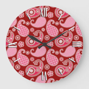 Reloj Redondo Grande Patrón paisley, rojo oscuro, rosa y blanco
