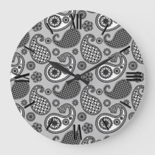 Reloj Redondo Grande Patrón paisley, tonos grises, negros y blancos
