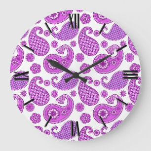 Reloj Redondo Grande Patrón paisley, violeta, púrpura y blanca