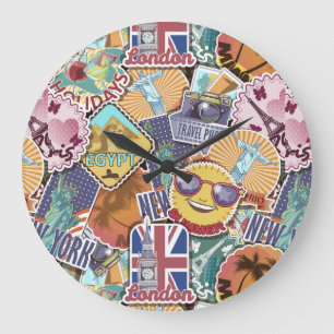 Reloj Redondo Grande Patrón Pegatina de viajes colorido