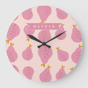 Reloj Redondo Grande Patrón Personalizado de Pera Rosa Fruta Monada Fem
