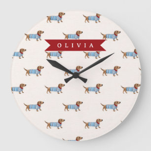 Reloj Redondo Grande Patrón Personalizado de Perrito Dachshund Lindo y 