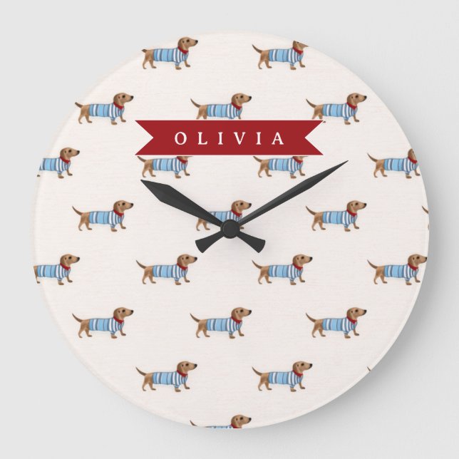 Reloj Redondo Grande Patrón Personalizado de Perrito Dachshund Lindo y  (Anverso)