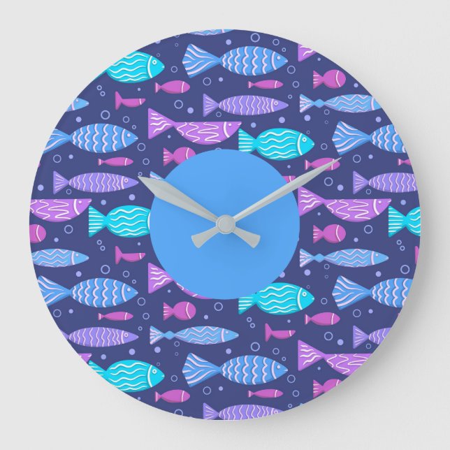 Reloj Redondo Grande Patrón plano de boho sin soldadura con peces doodl (Anverso)