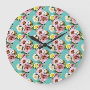 Reloj Redondo Grande Patrón romántico de kiwi, limón y peonía