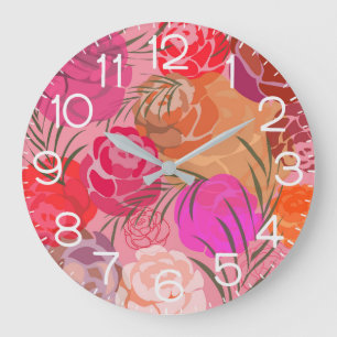 Reloj Redondo Grande Patrón rosa con flores y plantas