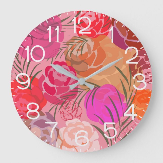 Reloj Redondo Grande Patrón rosa con flores y plantas (Anverso)