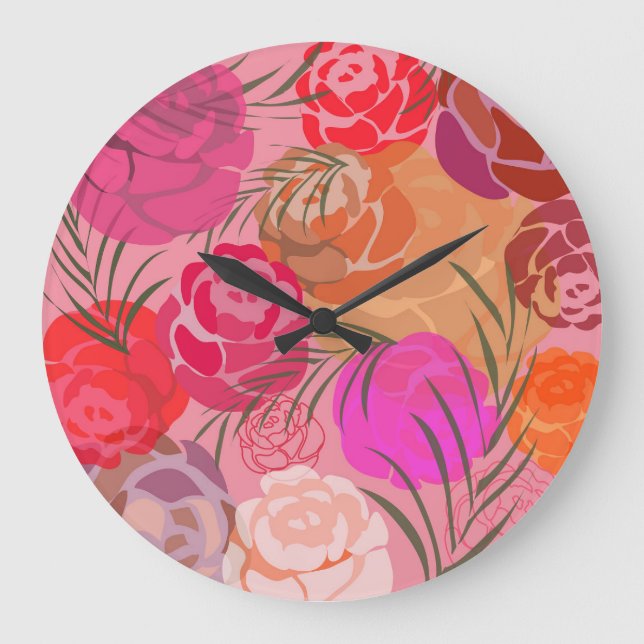 Reloj Redondo Grande Patrón rosa con flores y plantas (Anverso)