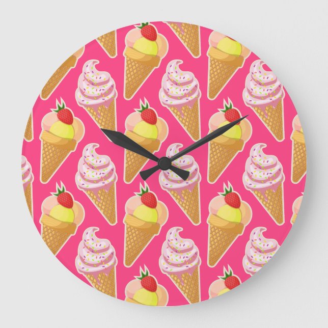 Reloj Redondo Grande Patrón rosa de Kawaii con helado de fresa  (Anverso)